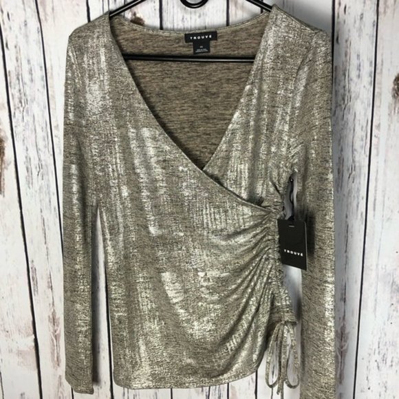 Trouve Metallic Silver Rouched Top - Silk Foil Nordstrom Small New with Tags - Picture 8 of 16